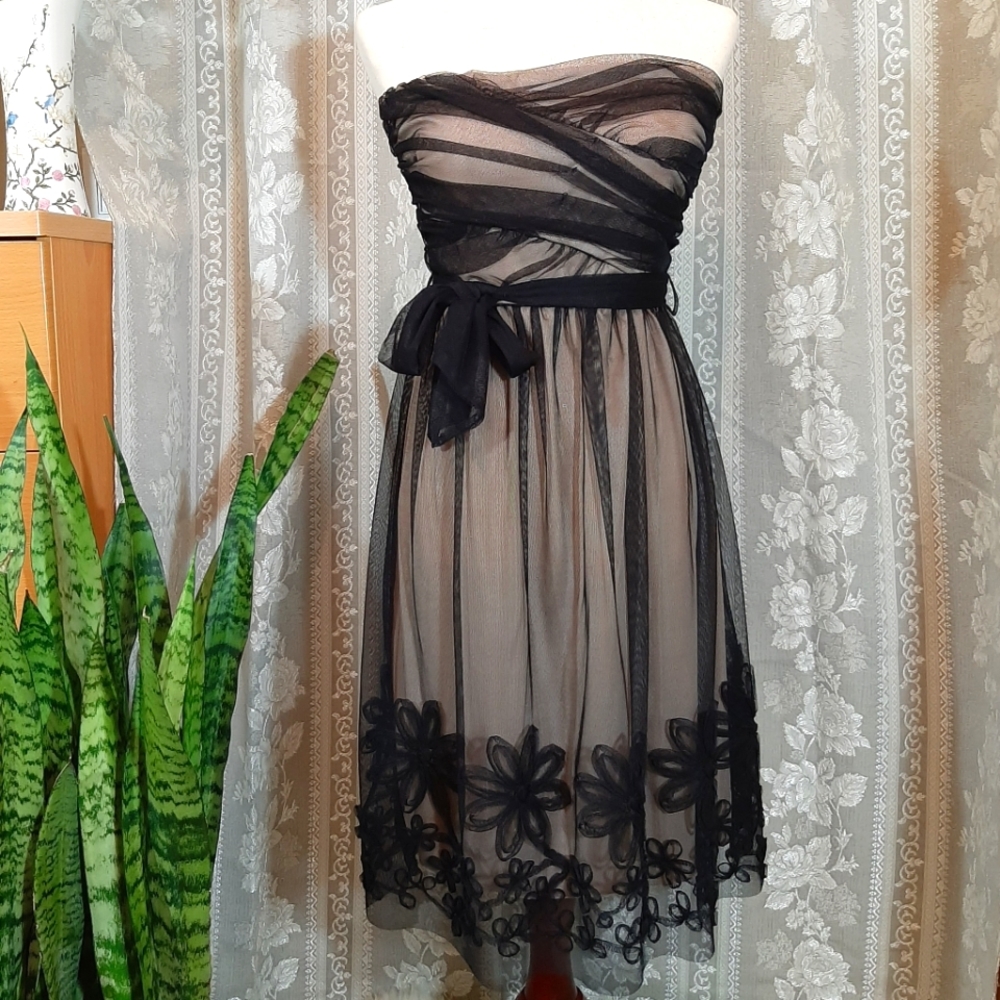 Mystic Black Beige Lace Floral Strapless Cocktail Midi Dress w Ribbon, Size S